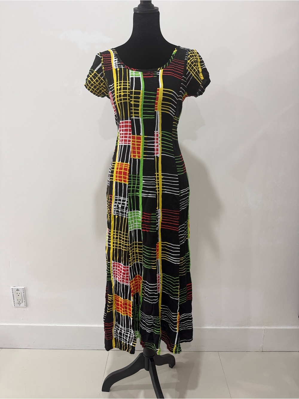 Vintage Jams World Black Multi-Color Grid Print Maxi Dress